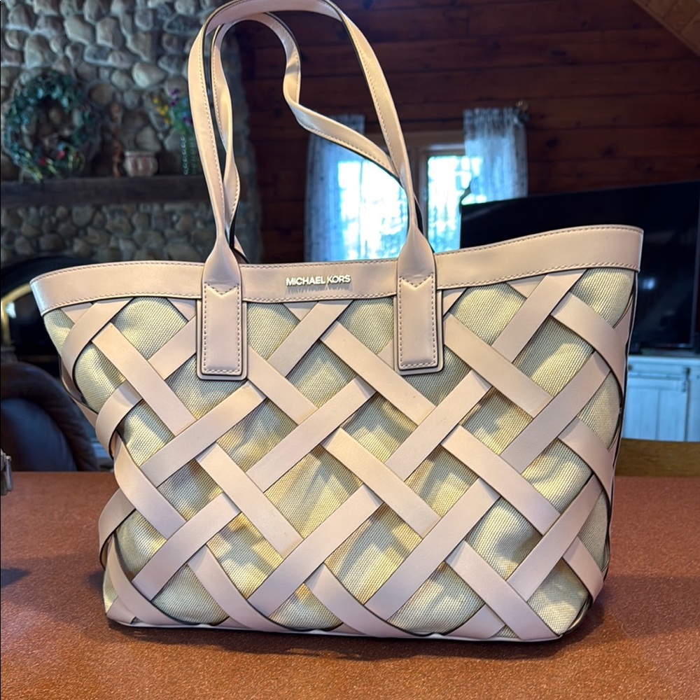 KORS Michael Kors Cream Woven Tote Bag